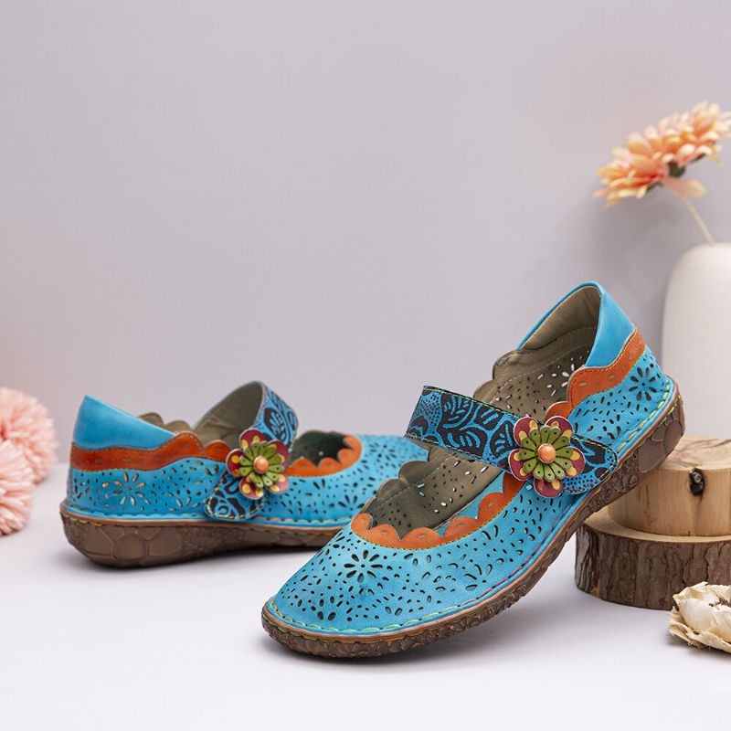 Socofy Bohemian Leather Floral Cutouts Splicing Soft Sole Flower Hook Loop Flat Shoes