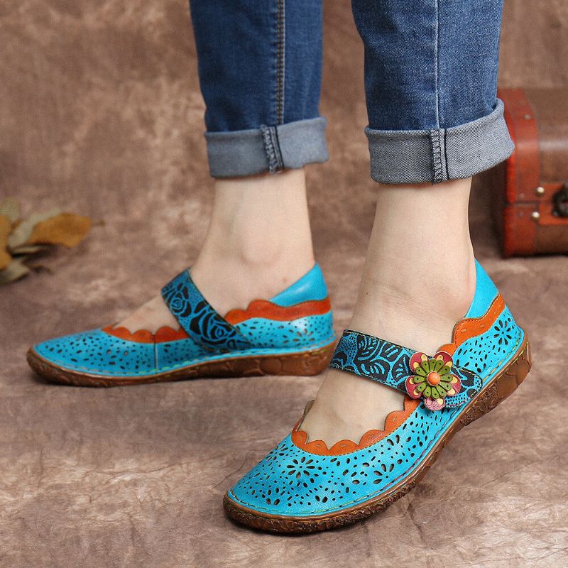 Socofy Bohemian Leather Floral Cutouts Splicing Soft Sole Flower Hook Loop Flat Shoes