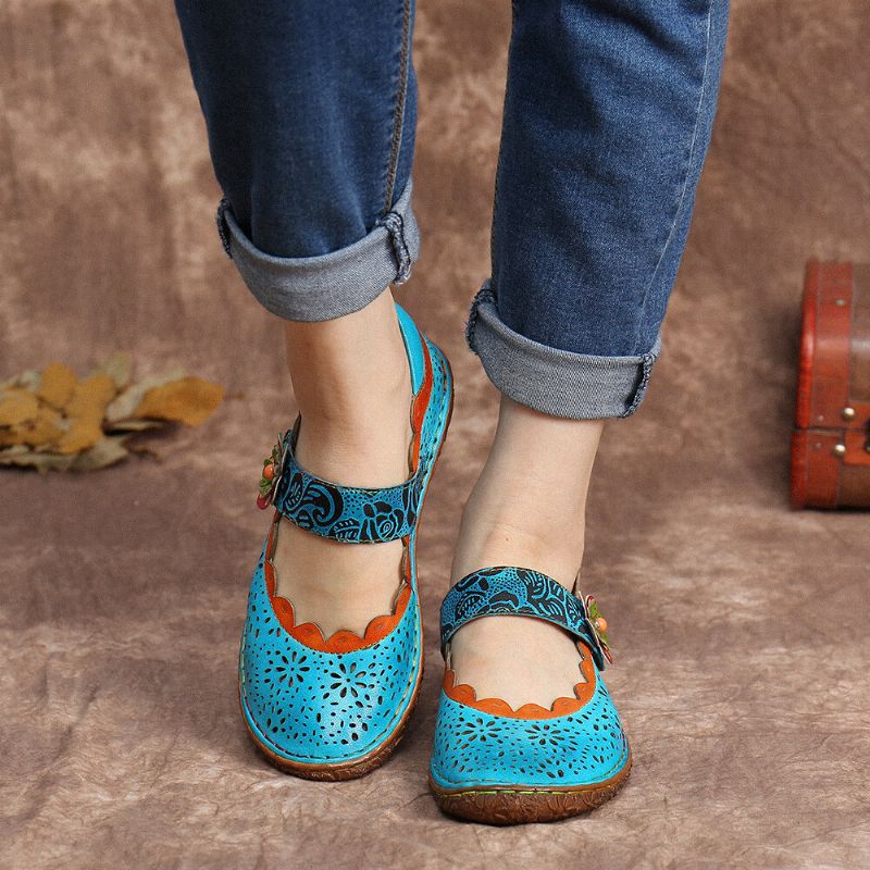 Socofy Bohemian Leather Floral Cutouts Splicing Soft Sole Flower Hook Loop Flat Shoes