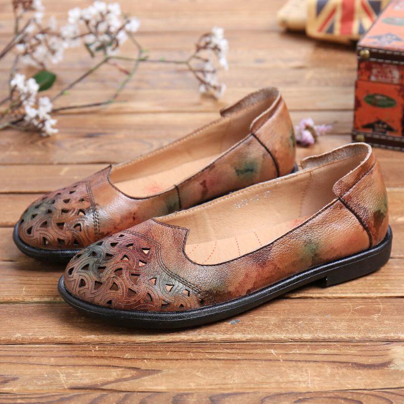 Socofy Bohemian Leather Hollow Tie-dyed Soft Casual Slip On Mocassins Chaussures Plates