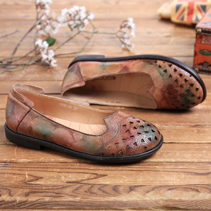 Socofy Bohemian Leather Hollow Tie-dyed Soft Casual Slip On Mocassins Chaussures Plates