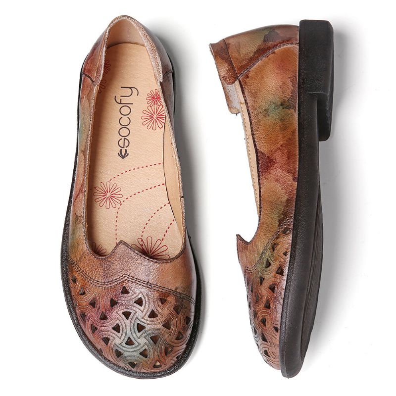 Socofy Bohemian Leather Hollow Tie-dyed Soft Casual Slip On Mocassins Chaussures Plates