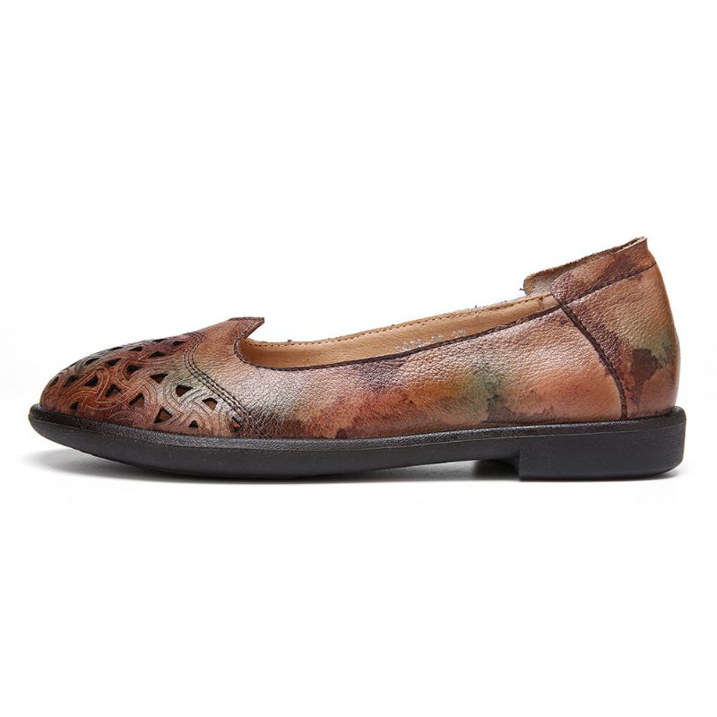 Socofy Bohemian Leather Hollow Tie-dyed Soft Casual Slip On Mocassins Chaussures Plates