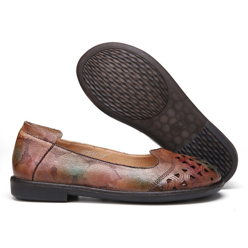 Socofy Bohemian Leather Hollow Tie-dyed Soft Casual Slip On Mocassins Chaussures Plates