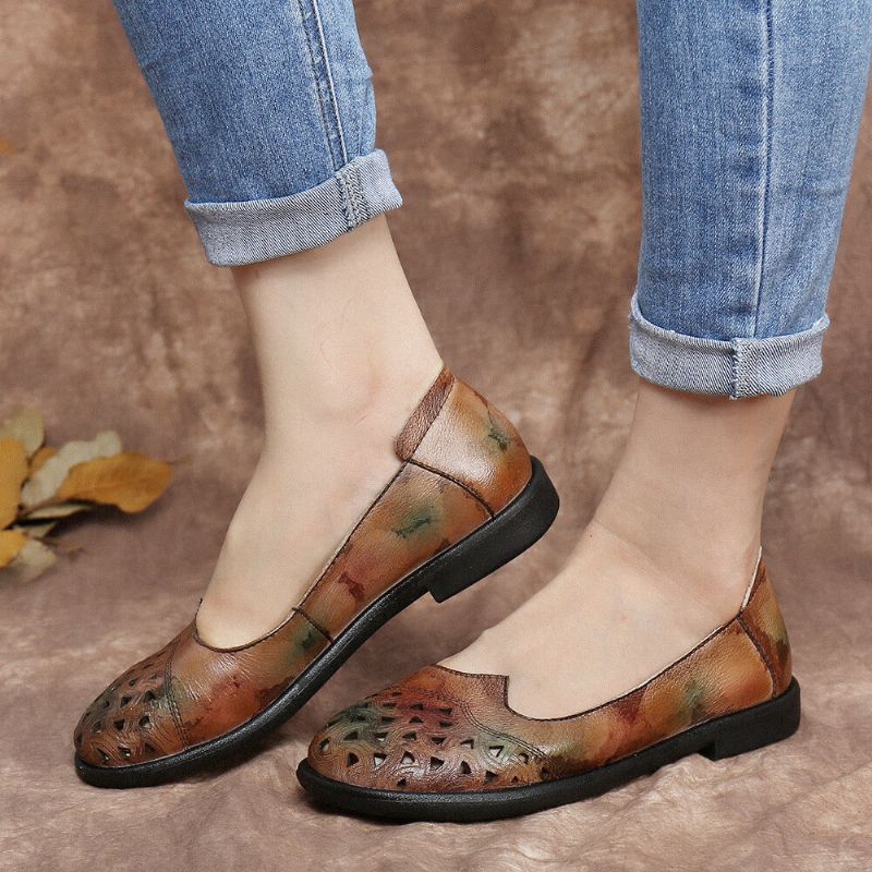 Socofy Bohemian Leather Hollow Tie-dyed Soft Casual Slip On Mocassins Chaussures Plates