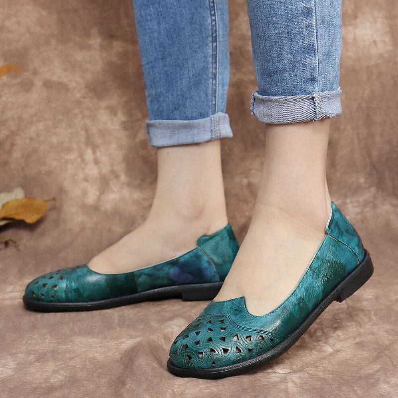 Socofy Bohemian Leather Hollow Tie-dyed Soft Casual Slip On Mocassins Chaussures Plates