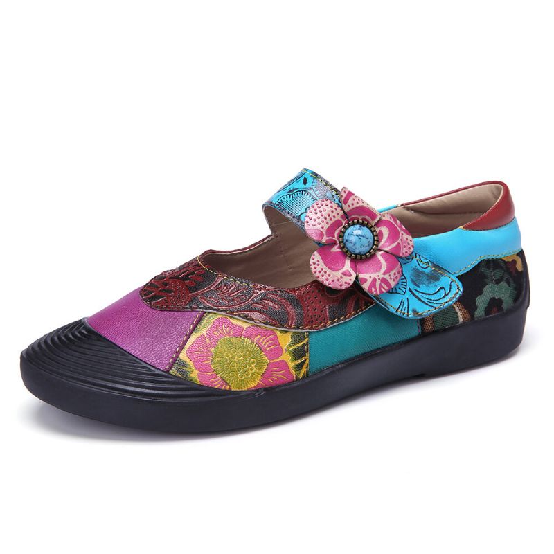 Socofy Bohemian Leather Splicing Floral Toe Cap Hook Loop Ankle Strap Flat Shoes