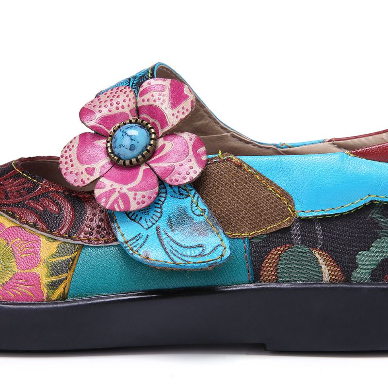 Socofy Bohemian Leather Splicing Floral Toe Cap Hook Loop Ankle Strap Flat Shoes