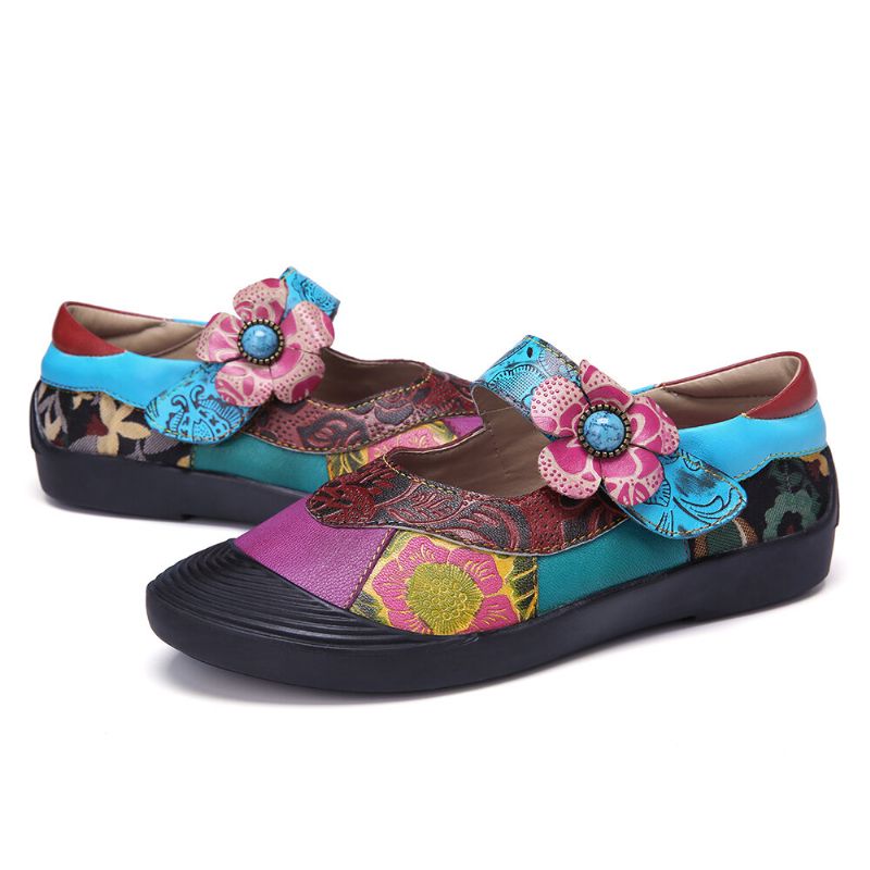 Socofy Bohemian Leather Splicing Floral Toe Cap Hook Loop Ankle Strap Flat Shoes