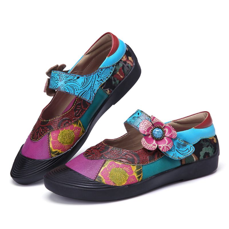 Socofy Bohemian Leather Splicing Floral Toe Cap Hook Loop Ankle Strap Flat Shoes