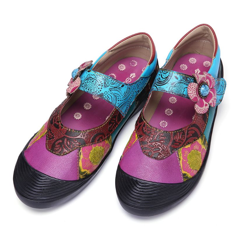 Socofy Bohemian Leather Splicing Floral Toe Cap Hook Loop Ankle Strap Flat Shoes