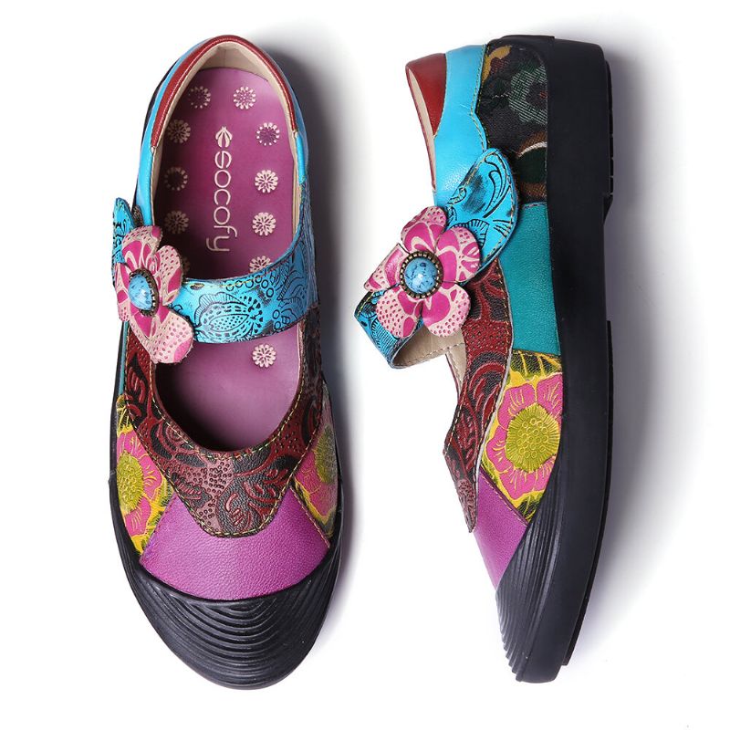 Socofy Bohemian Leather Splicing Floral Toe Cap Hook Loop Ankle Strap Flat Shoes