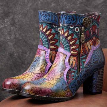 Socofy Bohemian Patchwork En Cuir Imprimé Fermeture Éclair Latérale Doux Et Confortable Bottines À Talons Épais