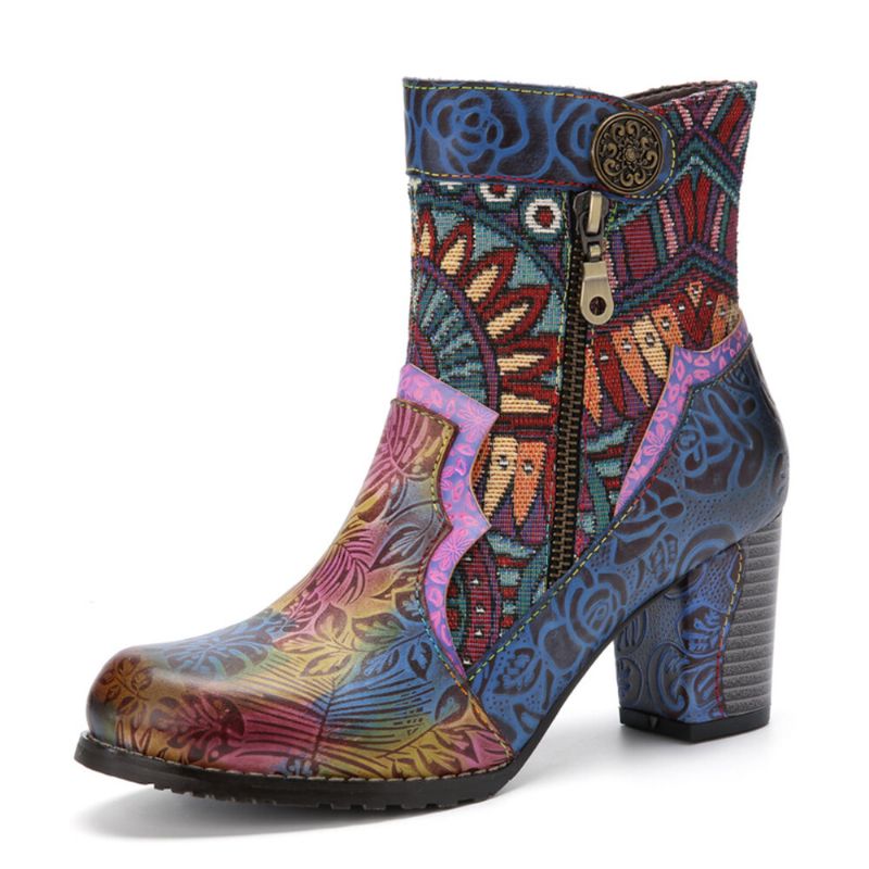 Socofy Bohemian Patchwork En Cuir Imprimé Fermeture Éclair Latérale Doux Et Confortable Bottines À Talons Épais