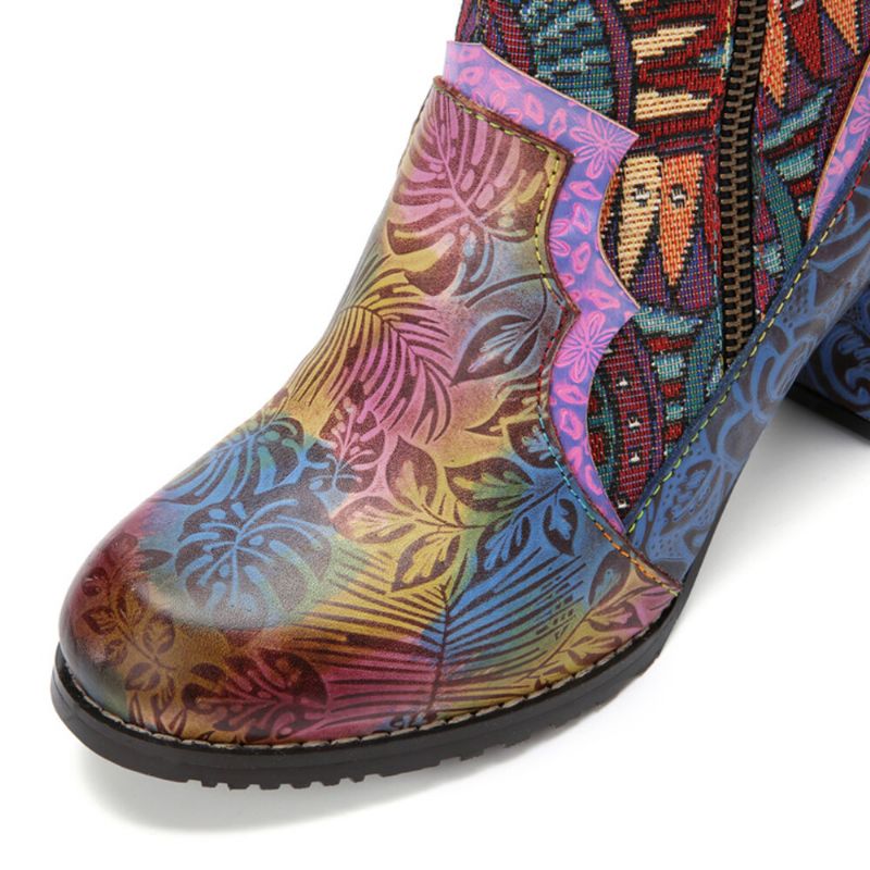 Socofy Bohemian Patchwork En Cuir Imprimé Fermeture Éclair Latérale Doux Et Confortable Bottines À Talons Épais