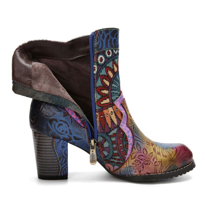 Socofy Bohemian Patchwork En Cuir Imprimé Fermeture Éclair Latérale Doux Et Confortable Bottines À Talons Épais