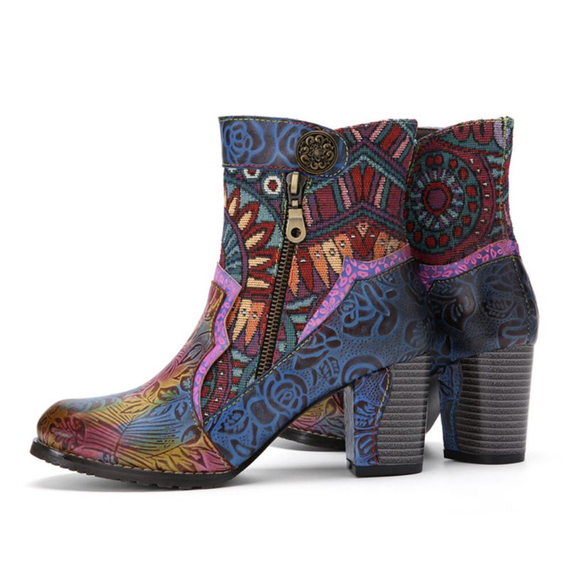 Socofy Bohemian Patchwork En Cuir Imprimé Fermeture Éclair Latérale Doux Et Confortable Bottines À Talons Épais