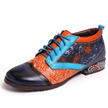 Socofy Bohemian Pattern Colorblock Chaussures Plates Confortables En Cuir Véritable