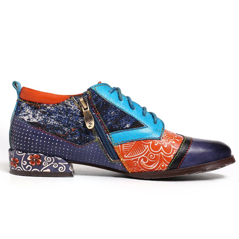 Socofy Bohemian Pattern Colorblock Chaussures Plates Confortables En Cuir Véritable