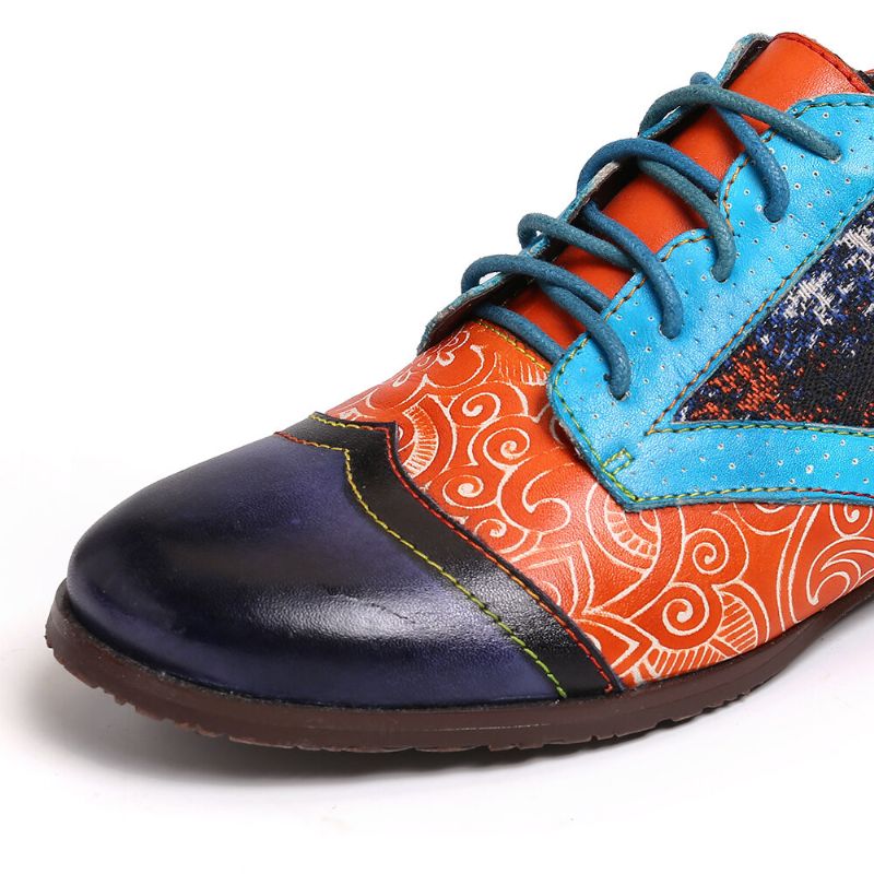 Socofy Bohemian Pattern Colorblock Chaussures Plates Confortables En Cuir Véritable