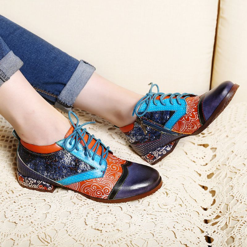 Socofy Bohemian Pattern Colorblock Chaussures Plates Confortables En Cuir Véritable