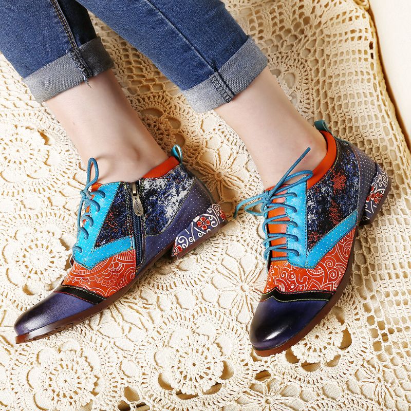 Socofy Bohemian Pattern Colorblock Chaussures Plates Confortables En Cuir Véritable