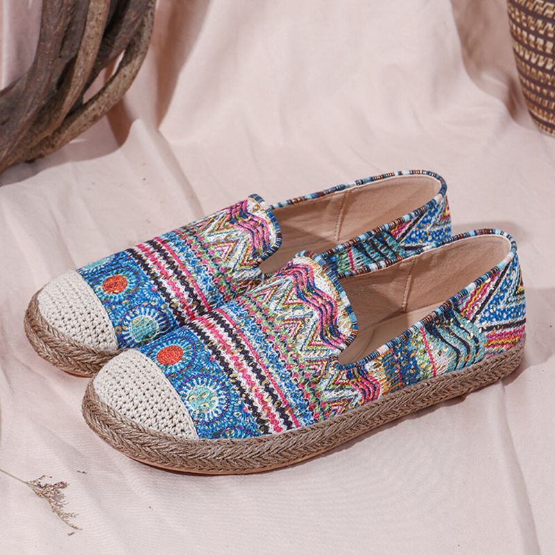 Socofy Bohemian Pattern Hollow Out Mesh Cloth Comfy Wearable Slip On Casual Espadrille Flat Shoes