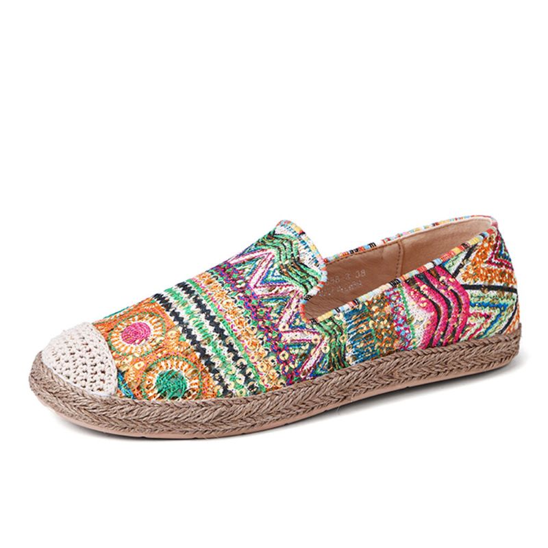 Socofy Bohemian Pattern Hollow Out Mesh Cloth Comfy Wearable Slip On Casual Espadrille Flat Shoes