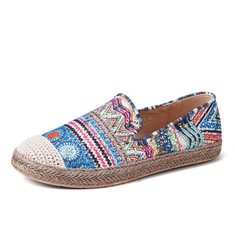 Socofy Bohemian Pattern Hollow Out Mesh Cloth Comfy Wearable Slip On Casual Espadrille Flat Shoes