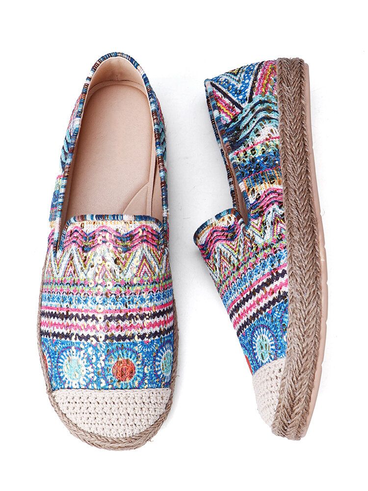 Socofy Bohemian Pattern Hollow Out Mesh Cloth Comfy Wearable Slip On Casual Espadrille Flat Shoes