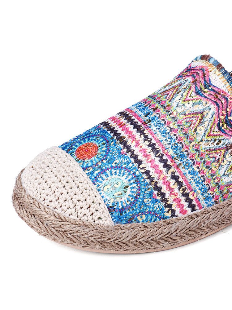 Socofy Bohemian Pattern Hollow Out Mesh Cloth Comfy Wearable Slip On Casual Espadrille Flat Shoes