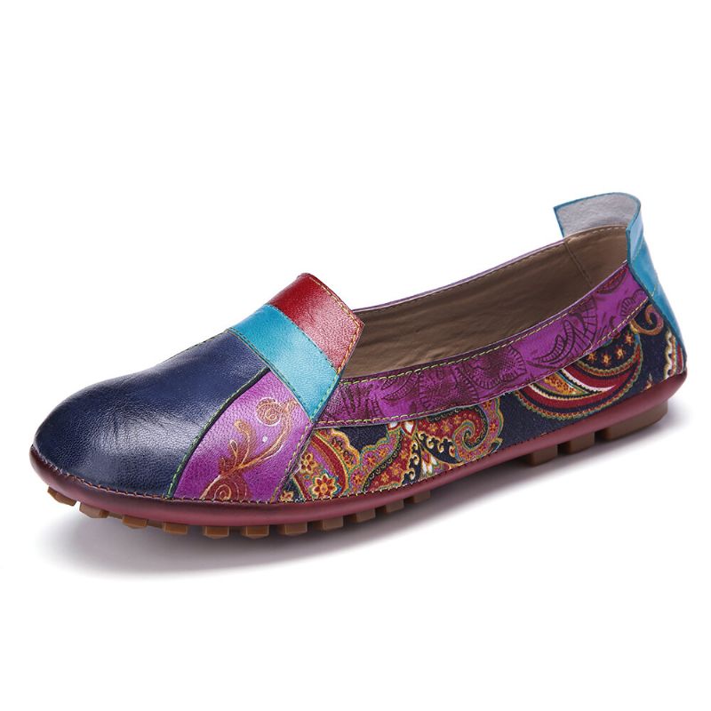 Socofy Bohemian Soft Leather Floral Splicing Comfy Casual Slip On Mocassins Chaussures Plates