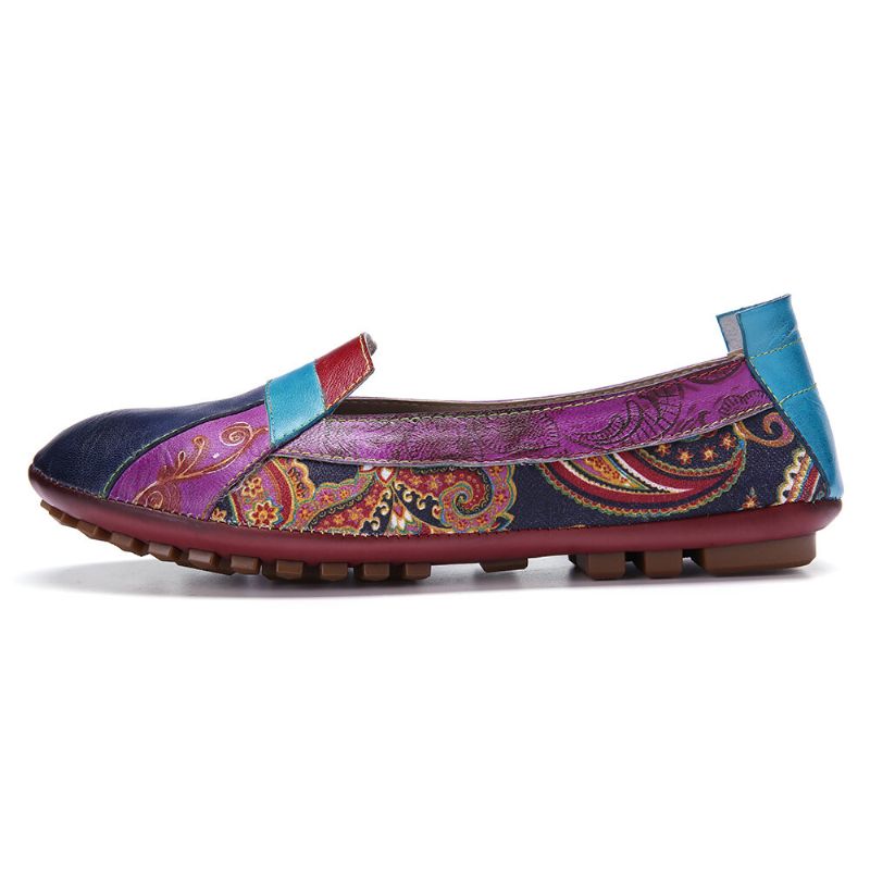 Socofy Bohemian Soft Leather Floral Splicing Comfy Casual Slip On Mocassins Chaussures Plates