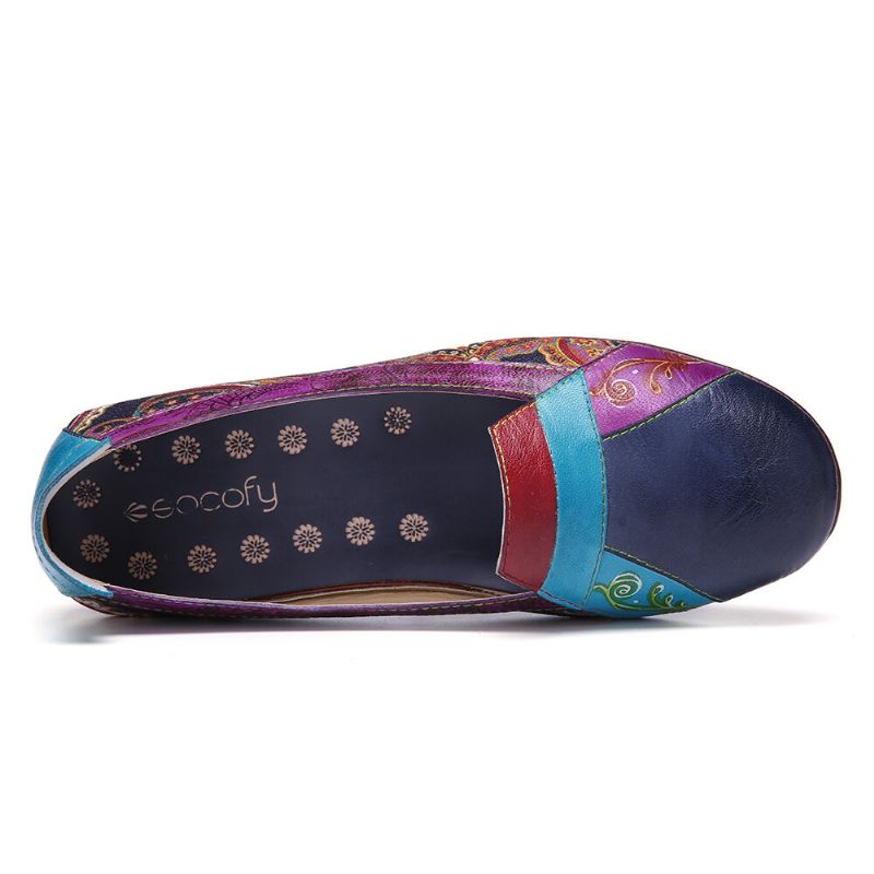 Socofy Bohemian Soft Leather Floral Splicing Comfy Casual Slip On Mocassins Chaussures Plates