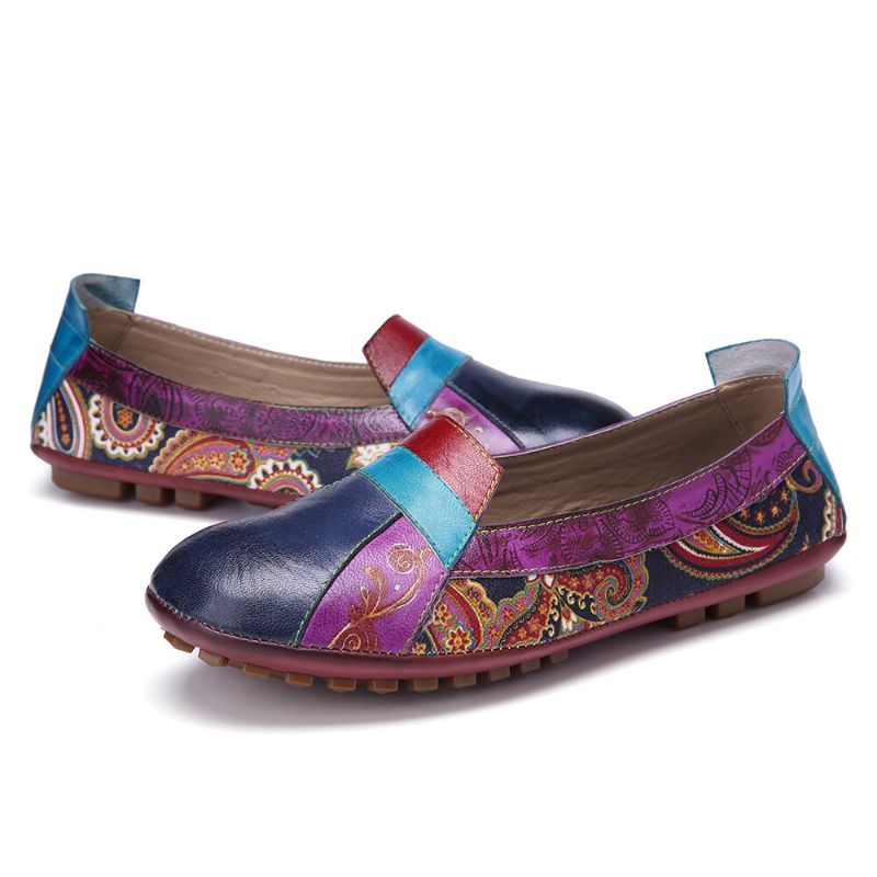 Socofy Bohemian Soft Leather Floral Splicing Comfy Casual Slip On Mocassins Chaussures Plates