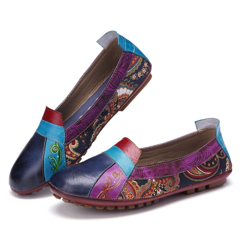 Socofy Bohemian Soft Leather Floral Splicing Comfy Casual Slip On Mocassins Chaussures Plates