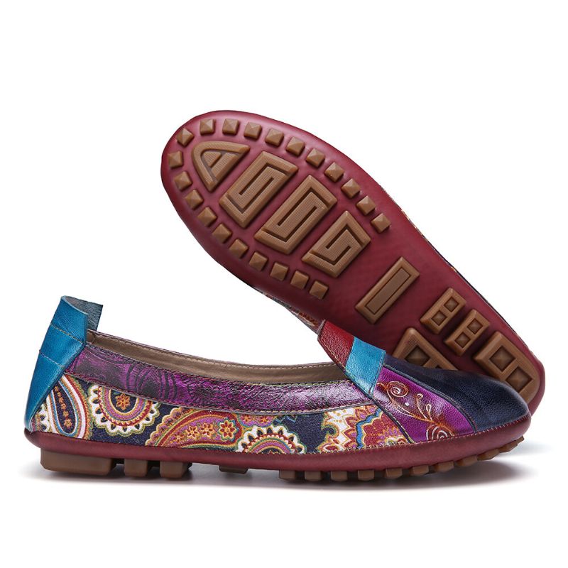 Socofy Bohemian Soft Leather Floral Splicing Comfy Casual Slip On Mocassins Chaussures Plates