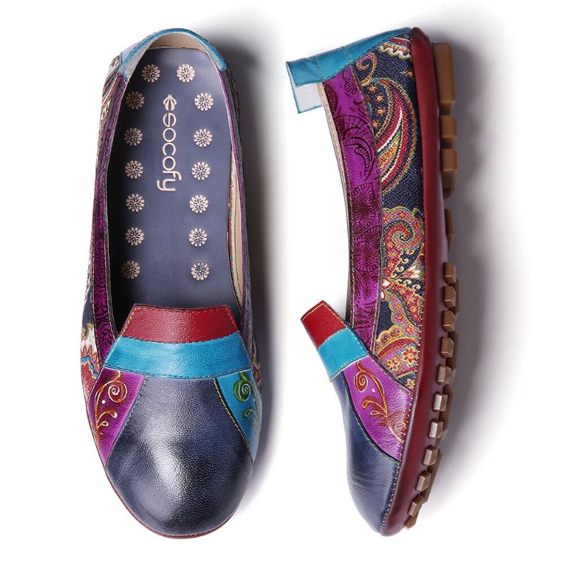 Socofy Bohemian Soft Leather Floral Splicing Comfy Casual Slip On Mocassins Chaussures Plates