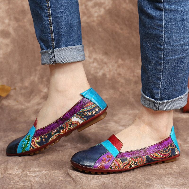 Socofy Bohemian Soft Leather Floral Splicing Comfy Casual Slip On Mocassins Chaussures Plates