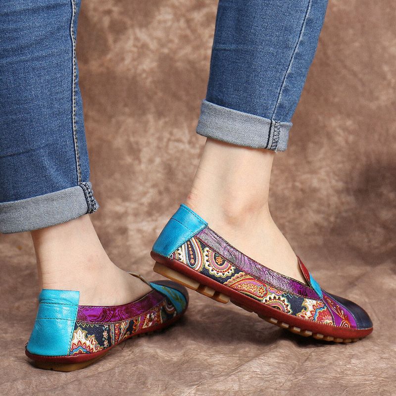 Socofy Bohemian Soft Leather Floral Splicing Comfy Casual Slip On Mocassins Chaussures Plates