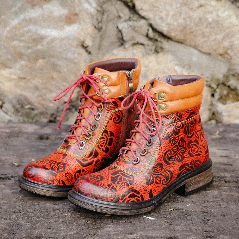 Socofy Bottes Courtes En Cuir Véritable À Motif Floral Rétro Pour Femmes