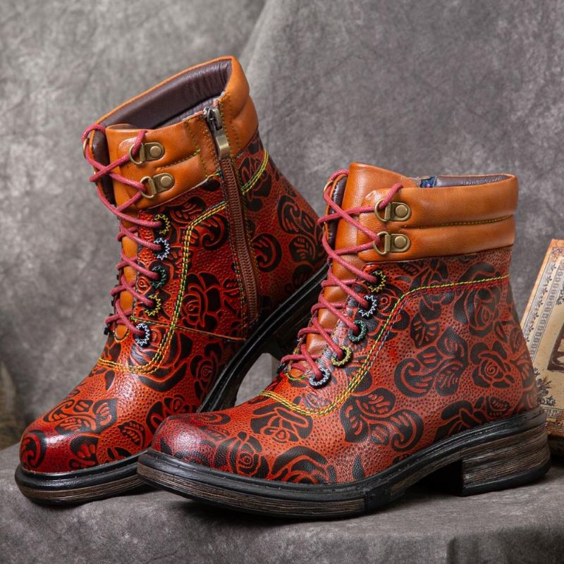 Socofy Bottes Courtes En Cuir Véritable À Motif Floral Rétro Pour Femmes