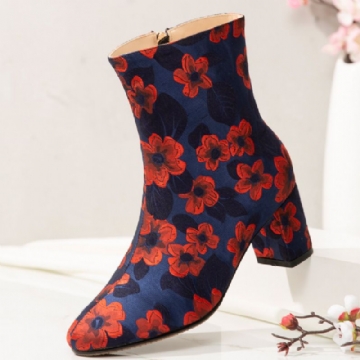 Socofy Bottes Courtes En Satin À Imprimé Floral Élégant Et Confortable Avec Fermeture À Glissière Latérale