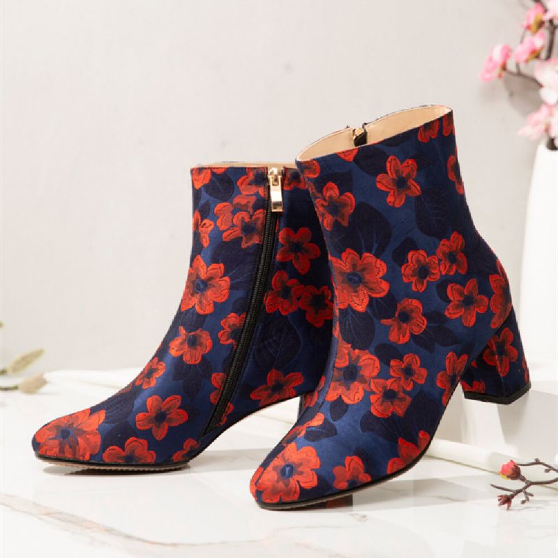 Socofy Bottes Courtes En Satin À Imprimé Floral Élégant Et Confortable Avec Fermeture À Glissière Latérale