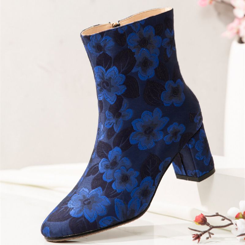 Socofy Bottes Courtes En Satin À Imprimé Floral Élégant Et Confortable Avec Fermeture À Glissière Latérale