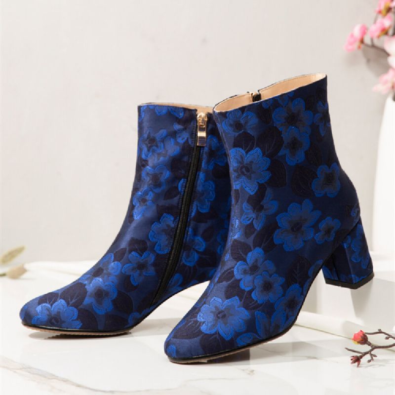 Socofy Bottes Courtes En Satin À Imprimé Floral Élégant Et Confortable Avec Fermeture À Glissière Latérale