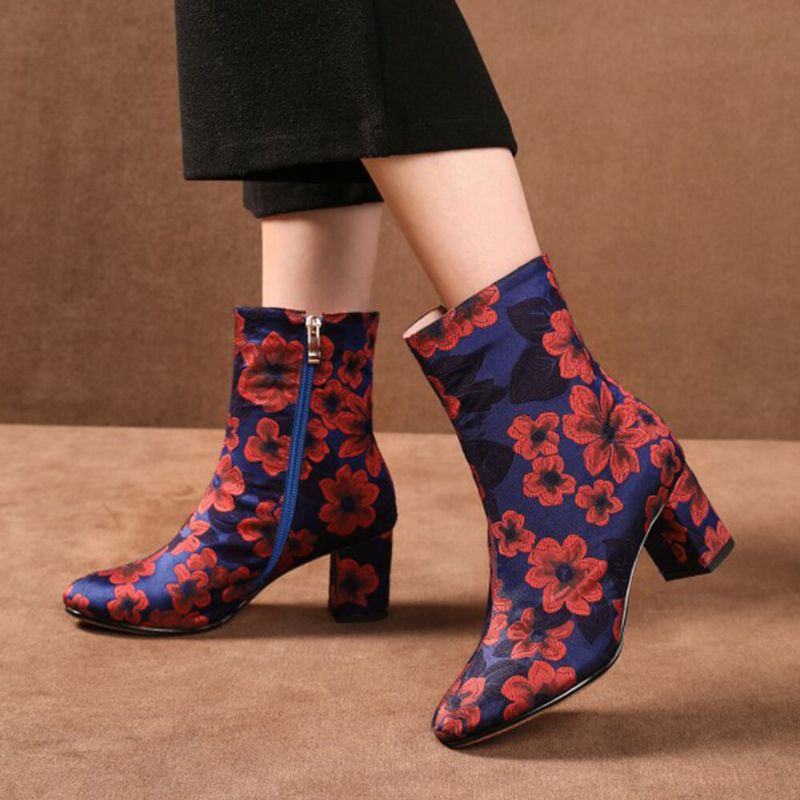 Socofy Bottes Courtes En Satin À Imprimé Floral Élégant Et Confortable Avec Fermeture À Glissière Latérale