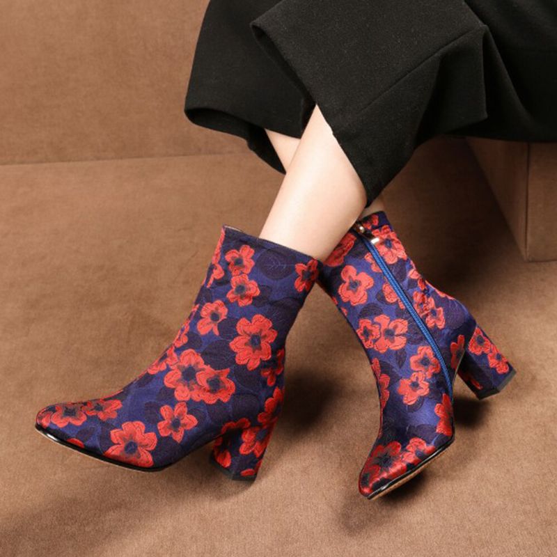 Socofy Bottes Courtes En Satin À Imprimé Floral Élégant Et Confortable Avec Fermeture À Glissière Latérale