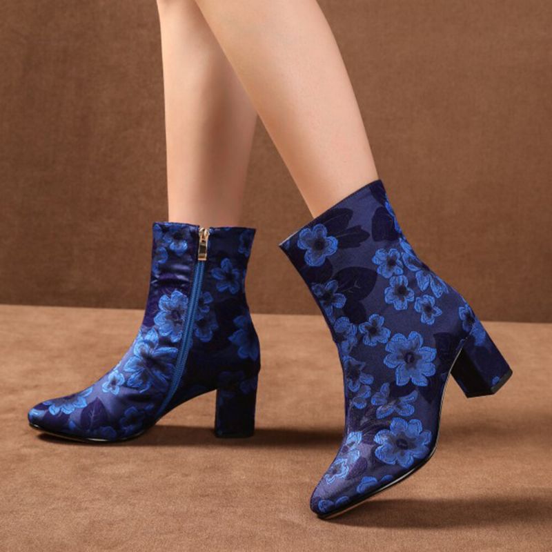 Socofy Bottes Courtes En Satin À Imprimé Floral Élégant Et Confortable Avec Fermeture À Glissière Latérale