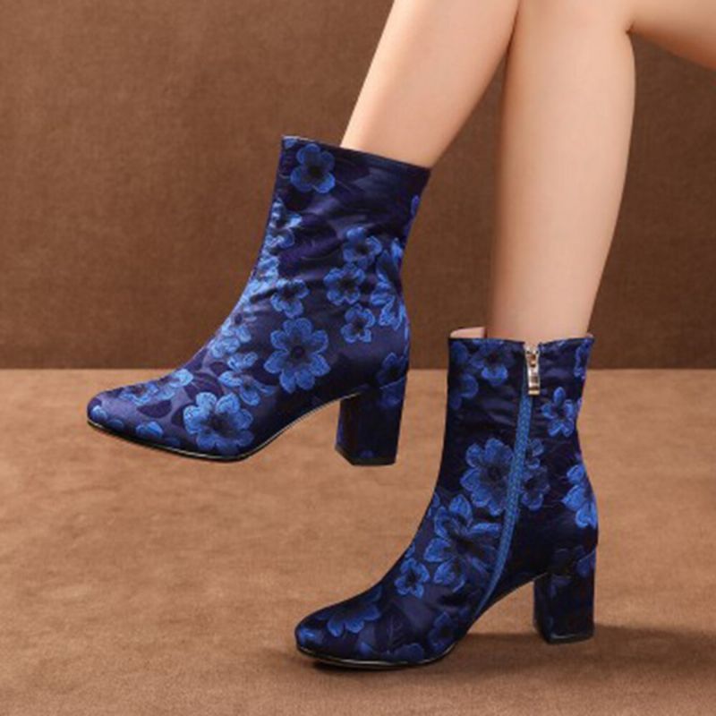 Socofy Bottes Courtes En Satin À Imprimé Floral Élégant Et Confortable Avec Fermeture À Glissière Latérale